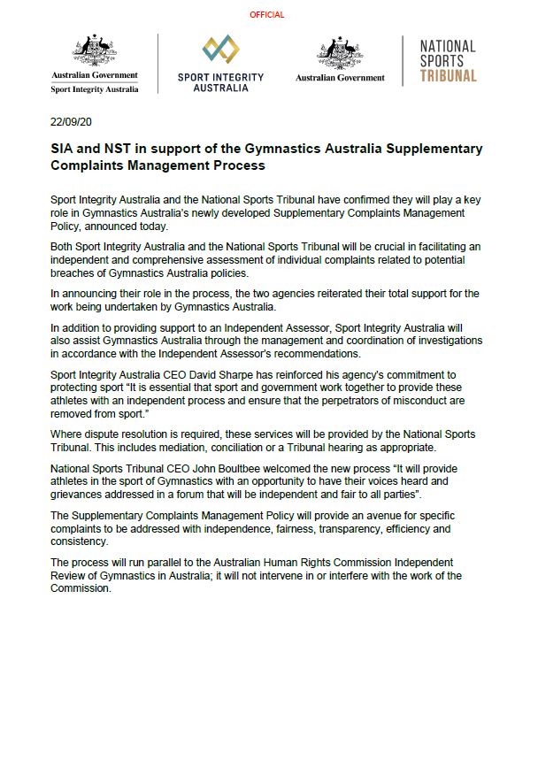 Statement of support for the Gymnastics Australia Supplementary Complaints Management process